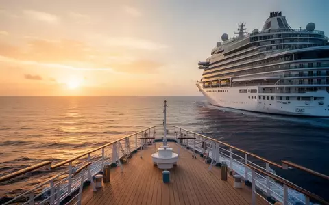 Ein luxuriöses Kreuzfahrtschiff auf offener See bei Sonnenuntergang als Symbol für entschleunigte Langzeitreisen. - Foto: über boerse-global.de