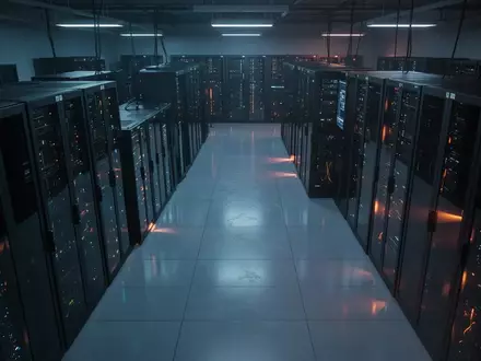 Dunkler Serverraum mit modernen Server-Racks in einer kühlen, professionellen Büroumgebung. - Foto: über boerse-global.de