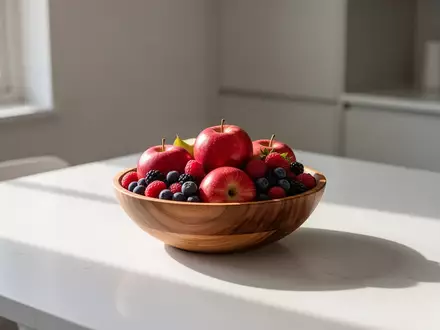 Eine Schale mit frischen Äpfeln und Beeren auf einem minimalistischen Holztisch bei natürlichem Lichteinfall. - Foto: über boerse-global.de