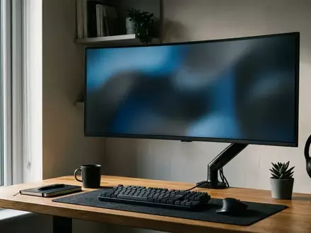 Ein minimalistischer, moderner Arbeitsplatz mit einem dunklen, gewölbten Monitor in einem lichtdurchfluteten Büro. - Foto: über boerse-global.de