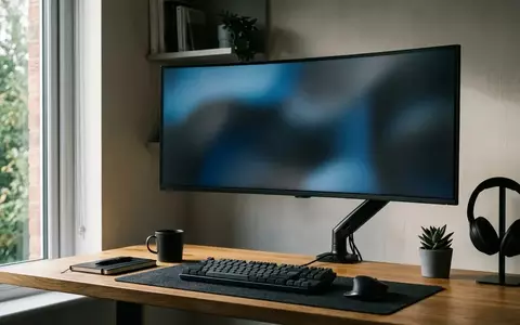 Ein minimalistischer, moderner Arbeitsplatz mit einem dunklen, gewölbten Monitor in einem lichtdurchfluteten Büro. - Foto: über boerse-global.de