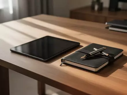 Ein minimalistischer Schreibtisch mit einem ausgeschalteten Tablet und einem Notizbuch in hellem Tageslicht. - Foto: über boerse-global.de