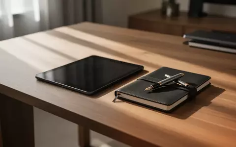 Ein minimalistischer Schreibtisch mit einem ausgeschalteten Tablet und einem Notizbuch in hellem Tageslicht. - Foto: über boerse-global.de