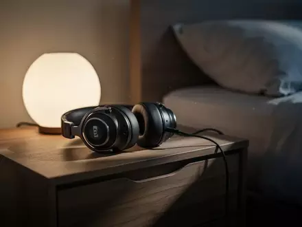 Hochwertige Kopfhörer auf einem Nachttisch in einem abgedunkelten, ruhigen Schlafzimmer. - Foto: über boerse-global.de
