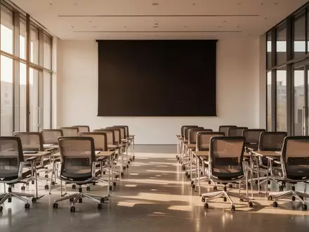 Ein heller, moderner Seminarraum mit leeren Stühlen vor einer dunklen Projektionswand in einem zeitgenössischen Gebäude. - Foto: über boerse-global.de