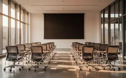 Ein heller, moderner Seminarraum mit leeren Stühlen vor einer dunklen Projektionswand in einem zeitgenössischen Gebäude. - Foto: über boerse-global.de