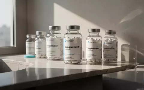 Hochwertige Glasflaschen mit Nahrungsergänzungsmitteln auf einem modernen Labortisch bei natürlichem Tageslicht. - Foto: über boerse-global.de