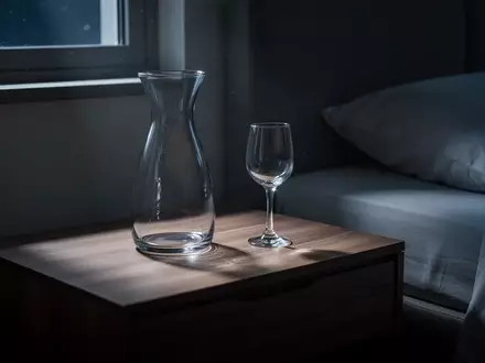 Ein leeres Glas und eine Glaskaraffe auf einem Nachttisch in einem schlafzimmer bei sanftem Mondlicht. - Foto: über boerse-global.de