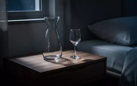 Ein leeres Glas und eine Glaskaraffe auf einem Nachttisch in einem schlafzimmer bei sanftem Mondlicht. - Foto: über boerse-global.de