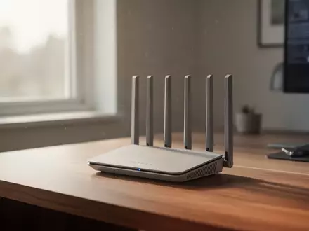 Ein moderner WLAN-Router steht auf einem Schreibtisch in einem hellen Raum. - Foto: über boerse-global.de