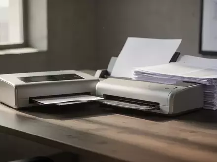 Ein moderner Schreibtisch mit einem Dokumentenscanner und einem Stapel Papier in einer hellen, professionellen Büroumgebung. - Foto: über boerse-global.de