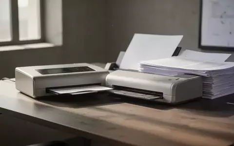Ein moderner Schreibtisch mit einem Dokumentenscanner und einem Stapel Papier in einer hellen, professionellen Büroumgebung. - Foto: über boerse-global.de