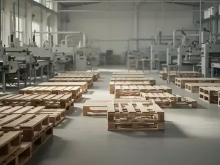 Leere Produktionshalle einer Möbelmanufaktur mit Holzpaletten und Maschinen in gedämpftem Tageslicht. - Foto: über boerse-global.de