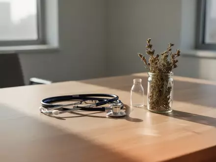 Ein Stethoskop und ein Glas mit Heilkräutern auf einem Holztisch in einer Arztpraxis bei natürlichem Morgenlicht. - Foto: über boerse-global.de