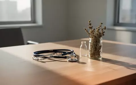 Ein Stethoskop und ein Glas mit Heilkräutern auf einem Holztisch in einer Arztpraxis bei natürlichem Morgenlicht. - Foto: über boerse-global.de