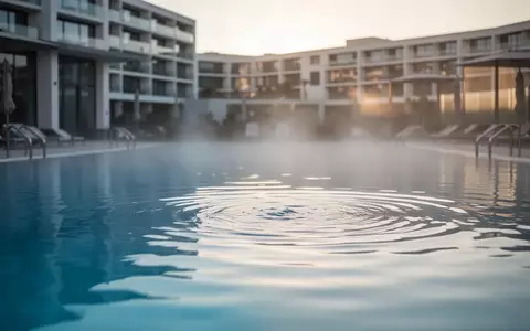 Leeres Thermalbecken in einer Hotelanlage bei Sonnenaufgang mit ruhiger Wasseroberfläche. - Foto: über boerse-global.de