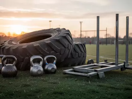Ein leerer Hindernisparcours im Freien mit einem schweren Traktorreifen, Kettlebells und einem Gewichtsschlitten auf einer Wiese. - Foto: über boerse-global.de