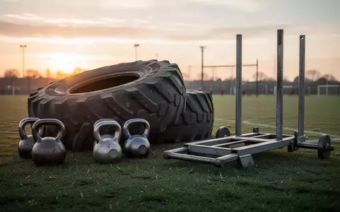 Ein leerer Hindernisparcours im Freien mit einem schweren Traktorreifen, Kettlebells und einem Gewichtsschlitten auf einer Wiese. - Foto: über boerse-global.de