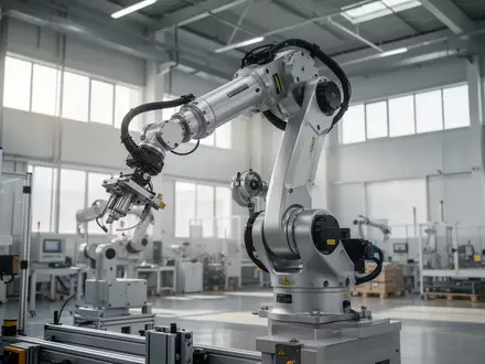 Ein hochmoderner automatisierter Roboterarm in einer hellen, industriellen Lagerhalle. - Foto: über boerse-global.de