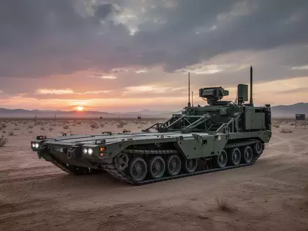 Eine autonome, modulare Militärplattform steht in einer weitläufigen Wüstenlandschaft bei Sonnenuntergang. - Foto: über boerse-global.de