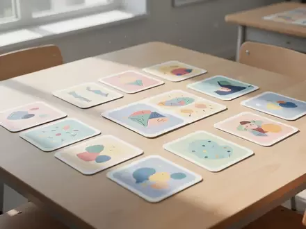 Bunte pädagogische Impulskarten für Kinder liegen auf einem hellen Holztisch in einem sonnendurchfluteten Raum. - Foto: über boerse-global.de