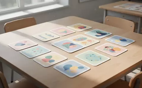 Bunte pädagogische Impulskarten für Kinder liegen auf einem hellen Holztisch in einem sonnendurchfluteten Raum. - Foto: über boerse-global.de