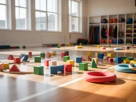 Helle, minimalistische Turnhalle mit bunten Holzbausteinen und Schaumstoffringen auf dem Boden als Symbole für Bewegungsspiele. - Foto: über boerse-global.de
