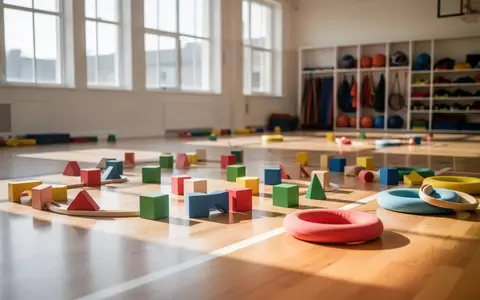 Helle, minimalistische Turnhalle mit bunten Holzbausteinen und Schaumstoffringen auf dem Boden als Symbole für Bewegungsspiele. - Foto: über boerse-global.de
