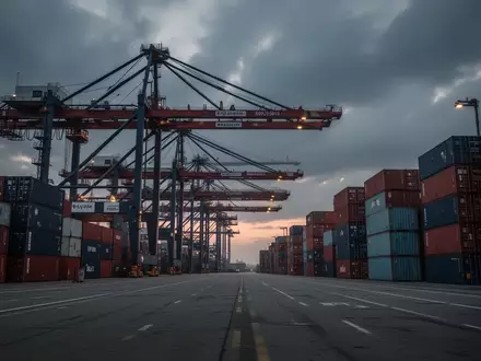 Moderne Hafenanlage mit Containerbrücken und gestapelten Containern bei Dämmerung. - Foto: über boerse-global.de