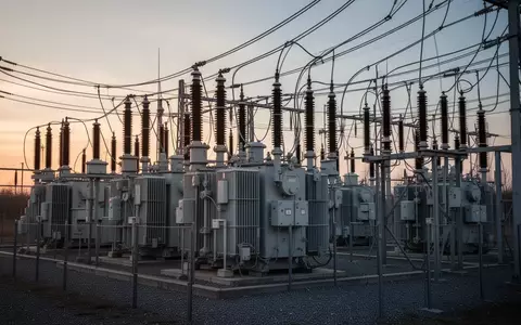Moderne elektrische Umspannstation mit Transformatoren und Stromleitungen vor einem bewölkten Abendhimmel. - Foto: über boerse-global.de