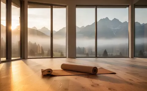 Ein minimalistischer Yogaraum mit Blick auf eine neblige Alpenlandschaft im sanften Licht der Morgensonne. - Foto: über boerse-global.de