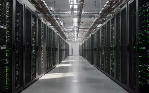 Reihen von modernen Server-Racks in einem Rechenzentrum mit leuchtenden Status-LEDs und industrieller Infrastruktur. - Foto: über boerse-global.de