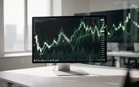 Moderner Büroarbeitsplatz mit einem Computermonitor, der abstrakte Finanzmarktdaten und Kursverläufe anzeigt. - Foto: über boerse-global.de