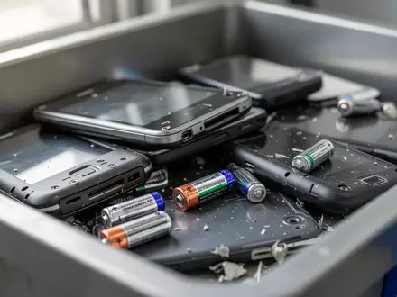 Verschiedene kleine Elektronikgeräte und Lithium-Ionen-Akkus in einem Sammelbehälter für das Recycling. - Foto: über boerse-global.de