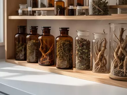Braune Apothekerflaschen und Gläser mit getrockneten Heilpflanzen und Wurzeln auf einem hellen Regal. - Foto: über boerse-global.de