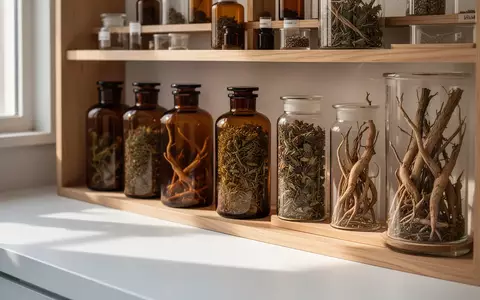 Braune Apothekerflaschen und Gläser mit getrockneten Heilpflanzen und Wurzeln auf einem hellen Regal. - Foto: über boerse-global.de