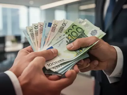 Hände halten einen Stapel Euro-Banknoten vor einem verschwommenen Büro-Hintergrund. - Foto: über boerse-global.de