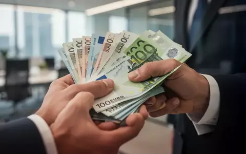 Hände halten einen Stapel Euro-Banknoten vor einem verschwommenen Büro-Hintergrund. - Foto: über boerse-global.de
