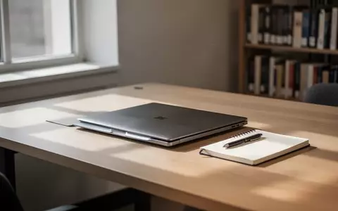 Ein moderner, aufgeräumter Schreibtisch in einer Bibliothek mit einem geschlossenen Laptop und Notizbuch bei Tageslicht. - Foto: über boerse-global.de