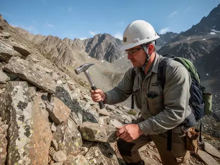 Geologe bei der Feldarbeit zur Untersuchung von Gesteinsproben in einer bergigen Landschaft. - Foto: über boerse-global.de