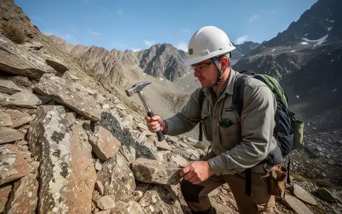 Geologe bei der Feldarbeit zur Untersuchung von Gesteinsproben in einer bergigen Landschaft. - Foto: über boerse-global.de