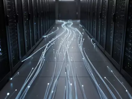 Ein dunkler Serverraum mit leuchtenden Glasfaserkabeln, die digitale Sicherheitsinfrastruktur symbolisieren. - Foto: über boerse-global.de