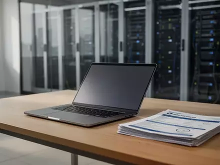 Ein minimalistischer Büroschreibtisch mit einem geschlossenen Laptop und Dokumenten vor einem unscharfen Serverraum. - Foto: über boerse-global.de