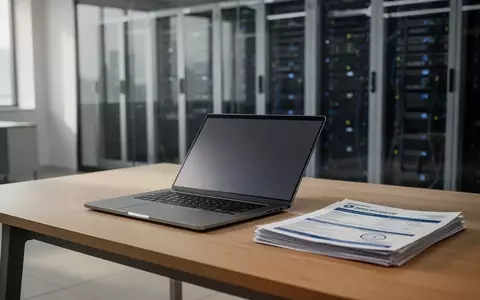 Ein minimalistischer Büroschreibtisch mit einem geschlossenen Laptop und Dokumenten vor einem unscharfen Serverraum. - Foto: über boerse-global.de