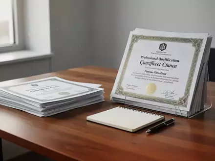 Ein Schreibtisch mit Zertifikaten und einem Notizbuch in einem modernen Büro bei natürlichem Licht. - Foto: über boerse-global.de