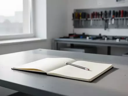 Ein leerer Arbeitsplatz in einer Berufsschule mit einem offenen Notizbuch und einem Stift in natürlichem Tageslicht. - Foto: über boerse-global.de