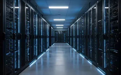 Moderne Serverräume in einem Rechenzentrum mit blauen LED-Lichtern und schwarzen Server-Racks. - Foto: über boerse-global.de