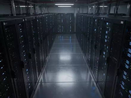 Dunkler Serverraum mit leuchtenden LED-Anzeigen an Serverschränken, die eine digitale Infrastruktur symbolisieren. - Foto: über boerse-global.de