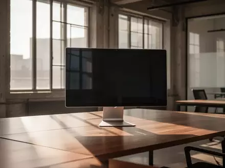 Ein minimalistischer, moderner Arbeitsplatz in einem Büro mit einem ausgeschalteten Monitor und natürlichem Lichteinfall. - Foto: über boerse-global.de