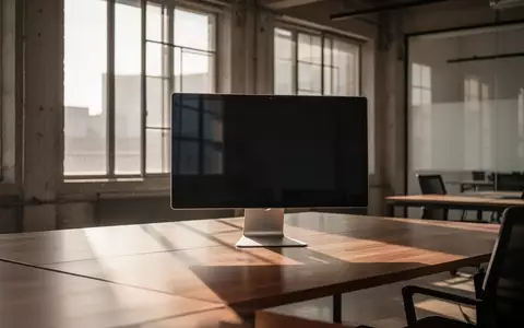 Ein minimalistischer, moderner Arbeitsplatz in einem Büro mit einem ausgeschalteten Monitor und natürlichem Lichteinfall. - Foto: über boerse-global.de